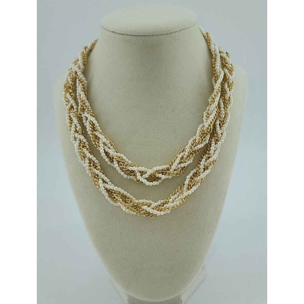Faux Pearl Long Necklace Braided Mini Pearls & Gold Chain Madeโ in Hong Kong 36"